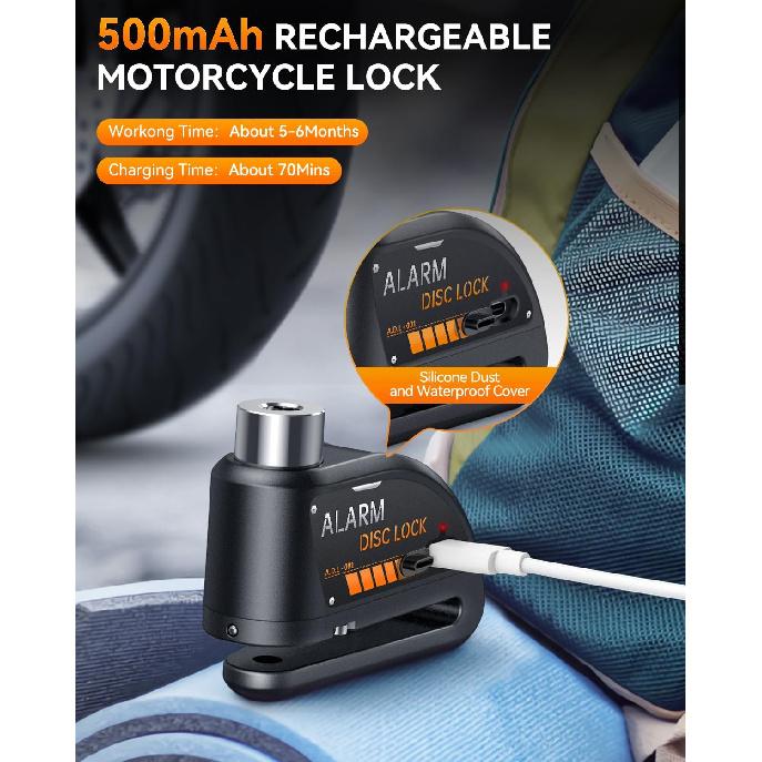 ONVIAN Motorcycle Disc Brake Lock With 120DB Alarm, Rechargeable Waterproof Motorcycle Locks Anti Theft For 7Mm Motorcycle Brake Helmet Scooter Wheel