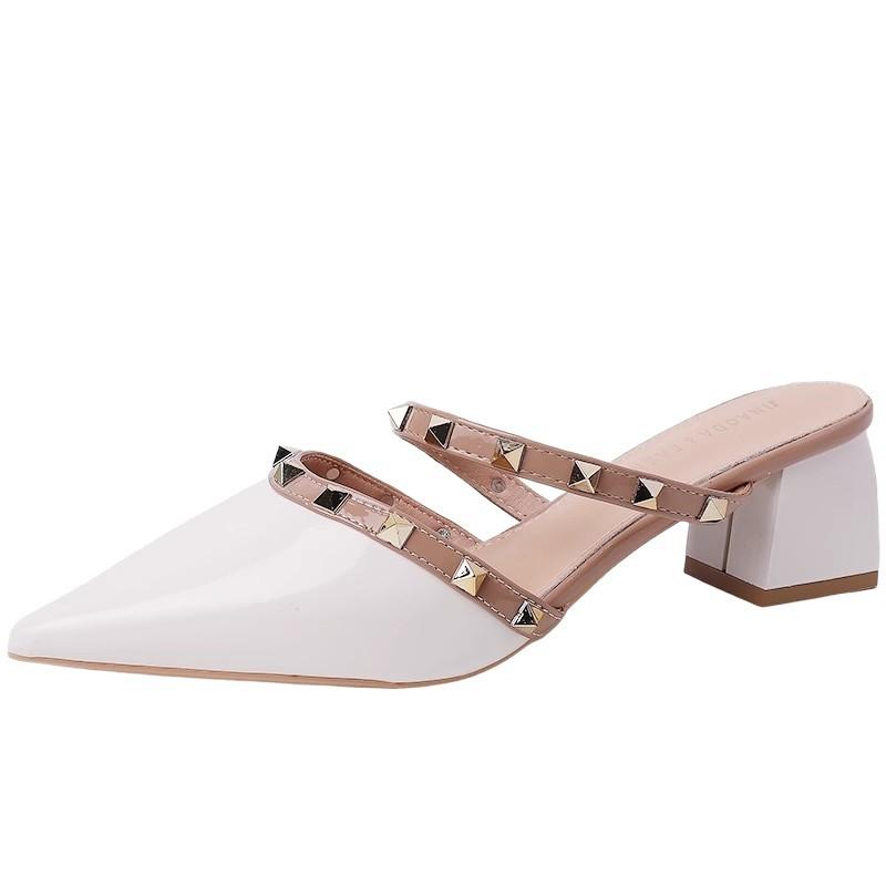 Baotou pointed high heel cool slippers summer new outer wear women's thick heel slippers rivet temperament versatile women's shoes tide