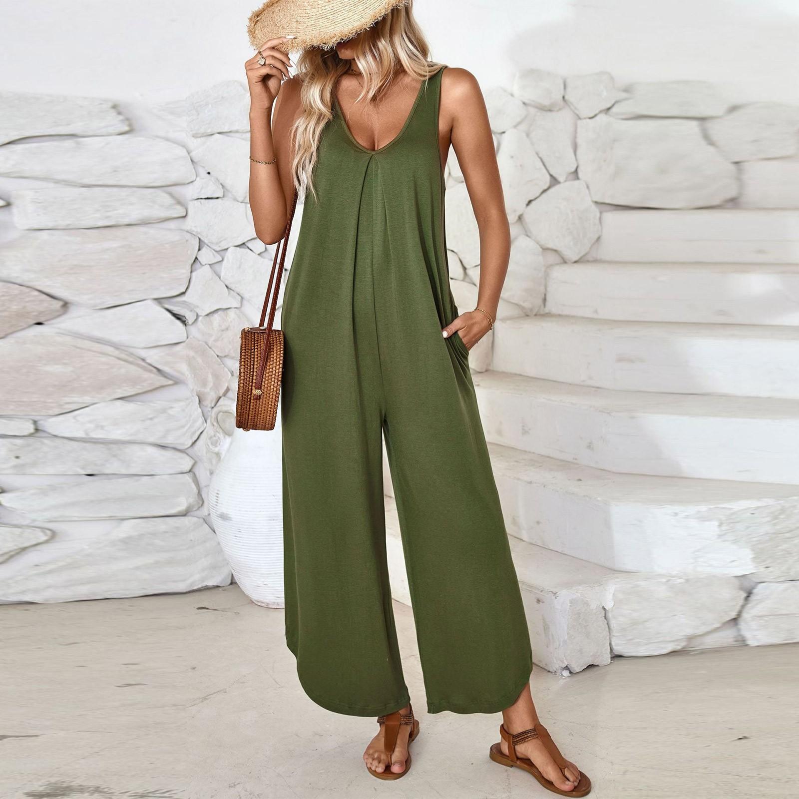 

Женские комбинезоны, летние комбинезоны без рукавов с рюшами и V-образным вырезом, расклешенные широкие брюки, комбинезоны с карманами L