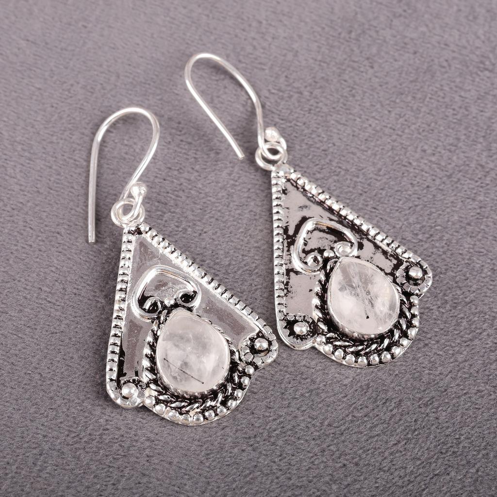 Schwarzer Rutil 925 Massiv Sterlingsilber Ohrringe, Handgefertigte Edelstein-Ohrringe Schmuck, Geschenke für Ehefrau Brandneue Ohrringe