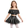Girls Dancewear Off Shoulder Sleeveless Metallic Ruffle Crop Top and Shiny Tutu Skirt for Stage Competition Party Wear