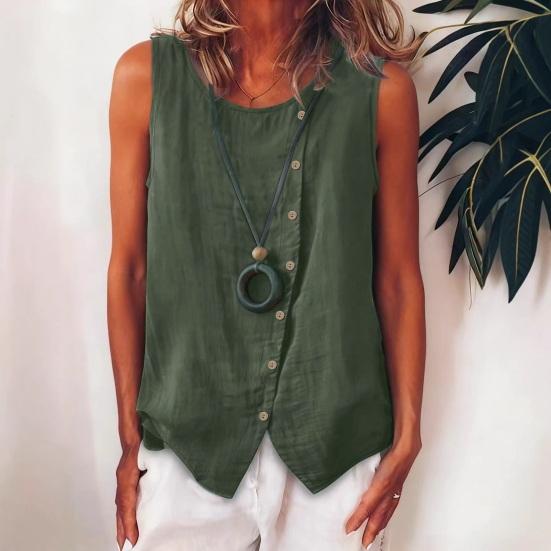 Women Tops Crew Neck Sleeveless Side Buttons Decor Asymmetric Design Pullover