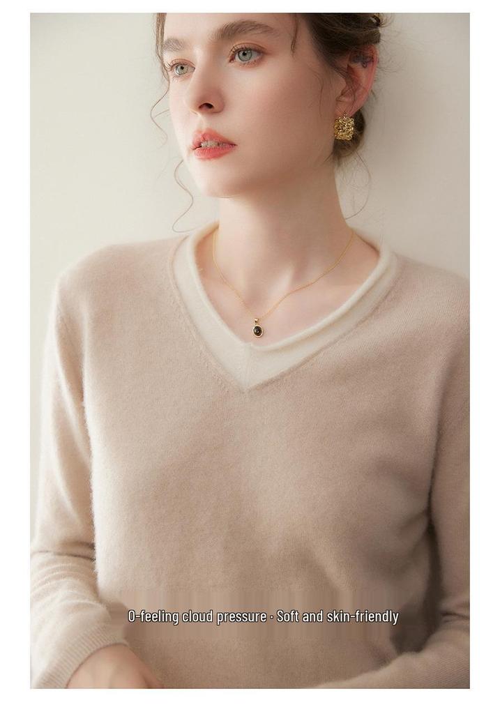 Autumn/Winter 2025 Two-Piece Color Block Cashmere Women's Slimming Knit Pullover