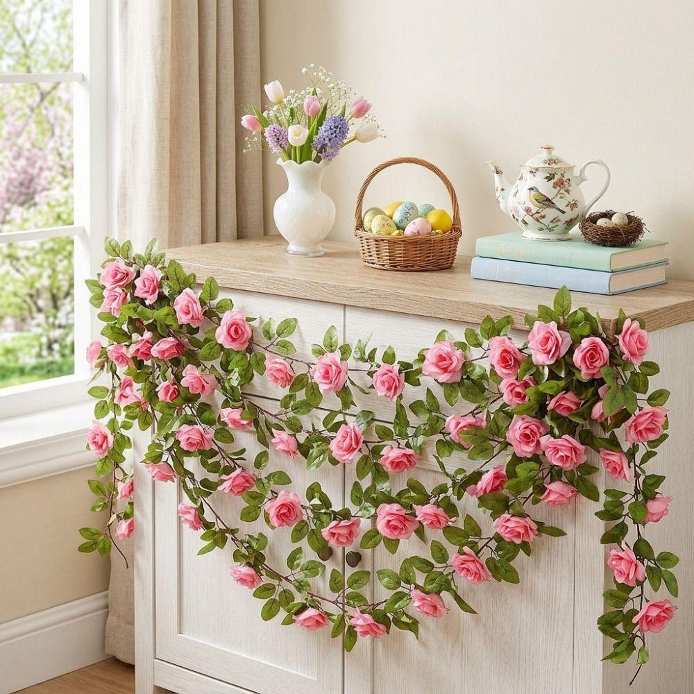 Multicolor Rose Artificial Flower Vine Green Leaves Silk Prtals Simulation Flower Vine Accessories Length 240cm