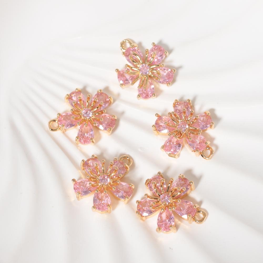 Pink Zirconia Flower Copper Charms, Golden Plated DIY Jewelry Pendants for Earring Necklace Craft