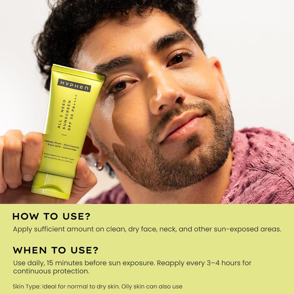 Hyphen All I Need Sunscreen SPF 50 PA++++ 50ml Pack of 1 | Hydrating Lightweight UVA UVB Protection