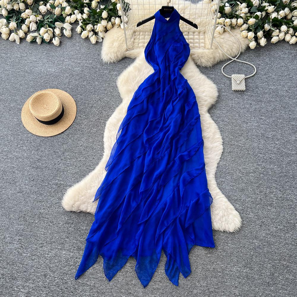 Holiday style neck sexy big halter dress women's summer blue ruffle edge Spice girl wind long dress showing thin fairy