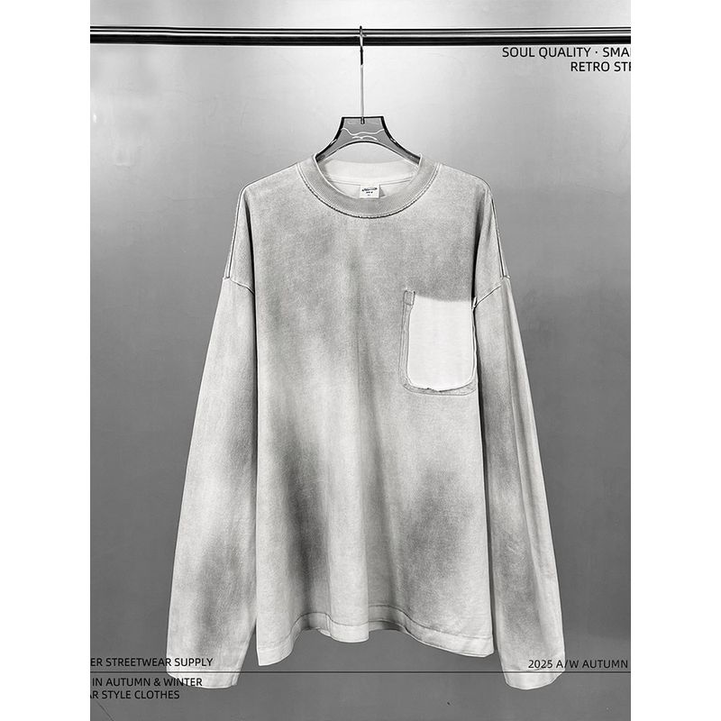 Pure Cotton Long-Sleeved Men's T-Shirt 2025 New Trendy Autumn Clothing for Teenagers Washed Round Neck Loose White Base Shirt