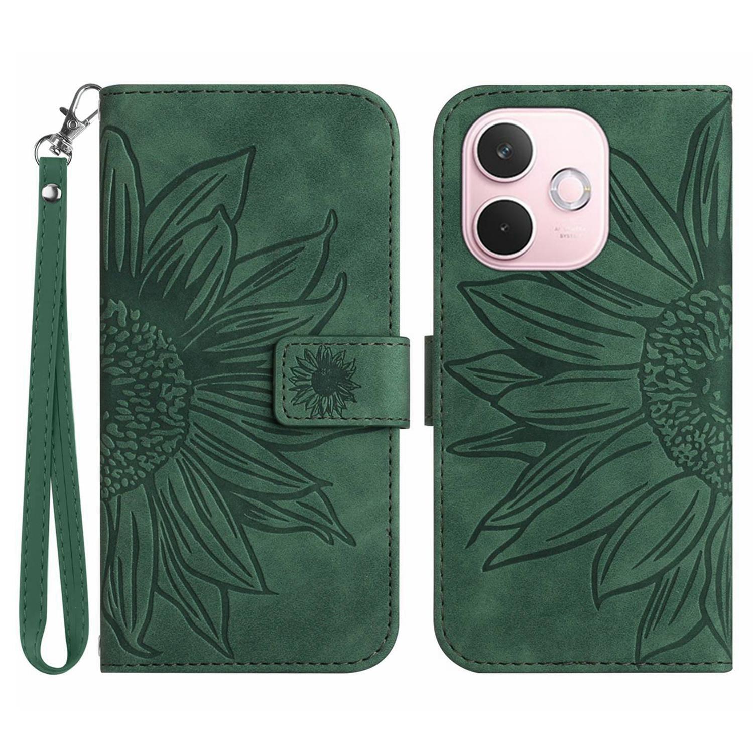 

For Oppo A5 Pro 4G (Global)/5G (Global)/A5 Energy 5G (China) Case Sunflower Imprint Leather Wallet Phone Cover with Strap Dark Green