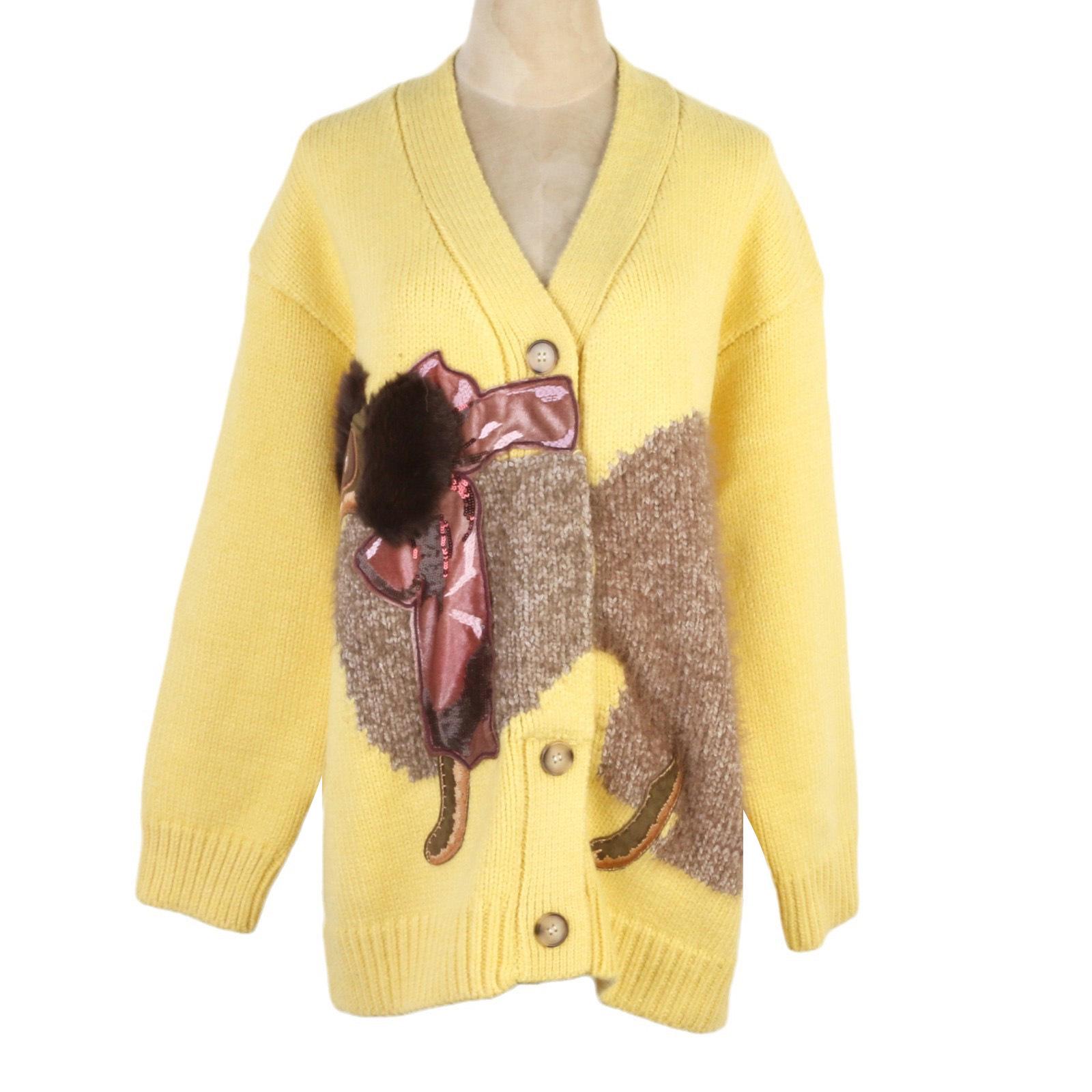 

Yellow Bow Women s V-Neck Jacquard Cardigan - French Lazy Style Mid-Length Sweater Large