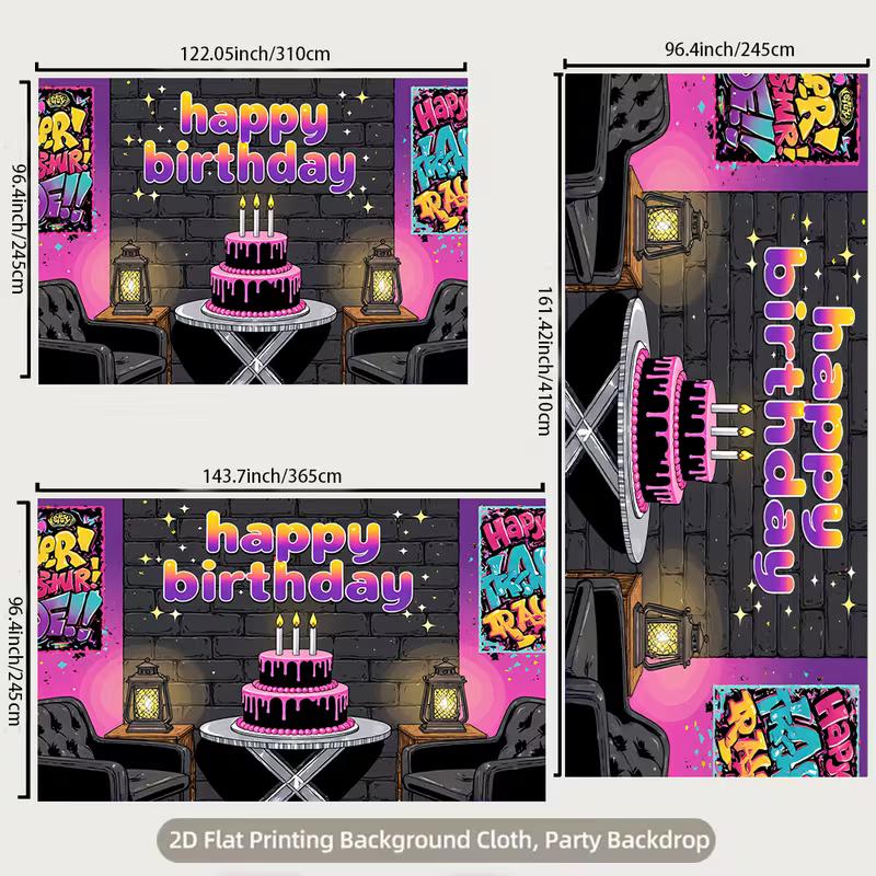 2D Happy Birthday Backdrop Banner, Graffiti Style Pink and Black Party Decor