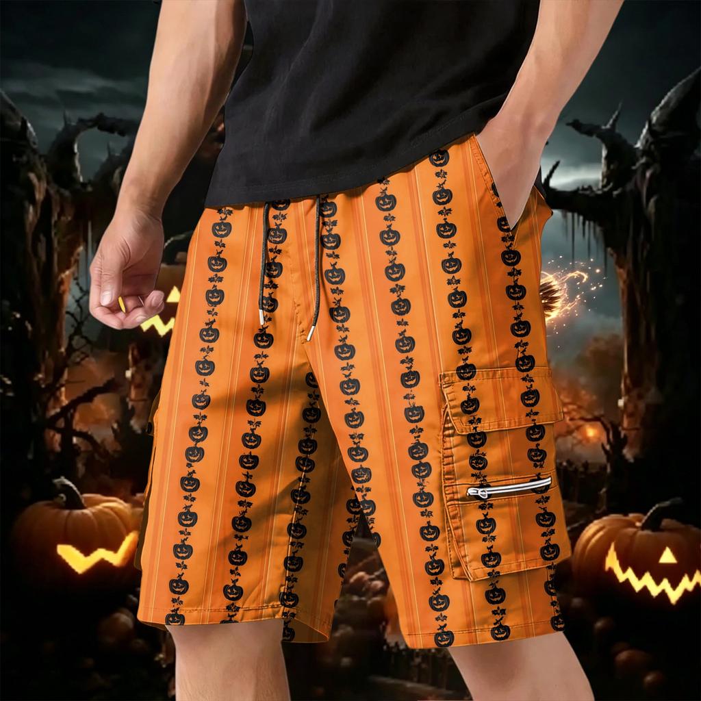Men Drawstring Multi Pocket Cargo Shorts with Halloween Pumpkin and Bat Print Loose Fit Comfortable Design for Daily Wear