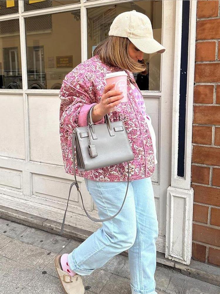 Fall Winter Fashion Female Casual Outerwear Vintage Korean Long Sleeve Jacket Floral Print Thickened Cotton Coat Quilted Stand Collar Loose