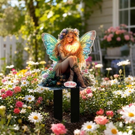 Feengarten-Stab mit Laterne, 2D Acryl-Elfen-Außenhof-Dekoration, UV-bedruckte Gartenkunst für Rasen Topfpflanzen, Geschenk für Frauen