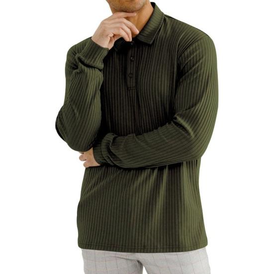 Spring Autumn Men Lapel Buttons Neckline Shirt Tops Long Sleeve Solid Color Vertical Stripes Texture Pullover Tops