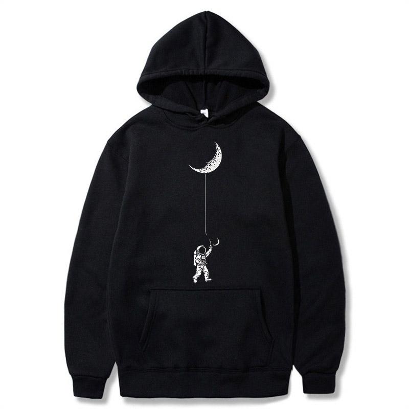 Male Astronaut Moon Pattern Hooded Sweatshirt - Black Casual Pullover Sports Shirt with Space-themed Pattern