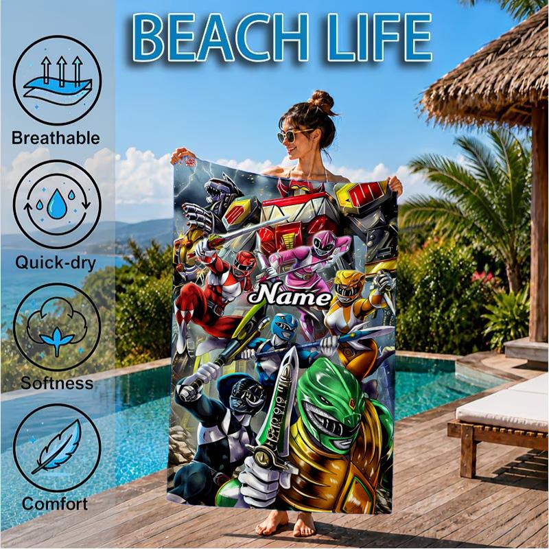 Custom Name Power Rangers City Adventure Beach Towel Microfiber Beach Towel, Lightweight and Quick-Dry, for Summer Travel, Swimming Pool Gift