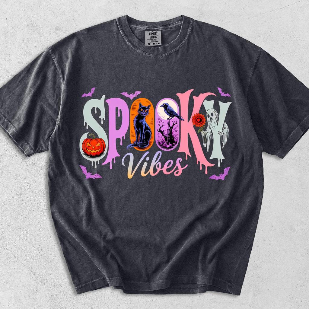 Spooky Vibes Shirt, Comfort Colors Halloween Tee, Gothic Crow Black Cat T-shirt, Retro Ghost Pumpkin Graphic Apparel