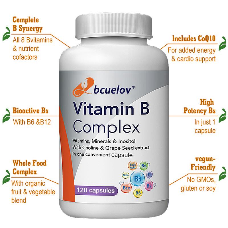 Bcuelov Complex Vitamin B Capsules Choline Grape Seeds Boost Energy 120 Vegetarian Capsules