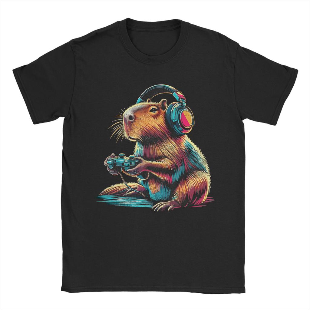 Capybara Gaming Video Game Colorful Capybara Gamer T Shirt Summer  Trending T Shirts Men Pure Cotton O Neck Plus Size Tees