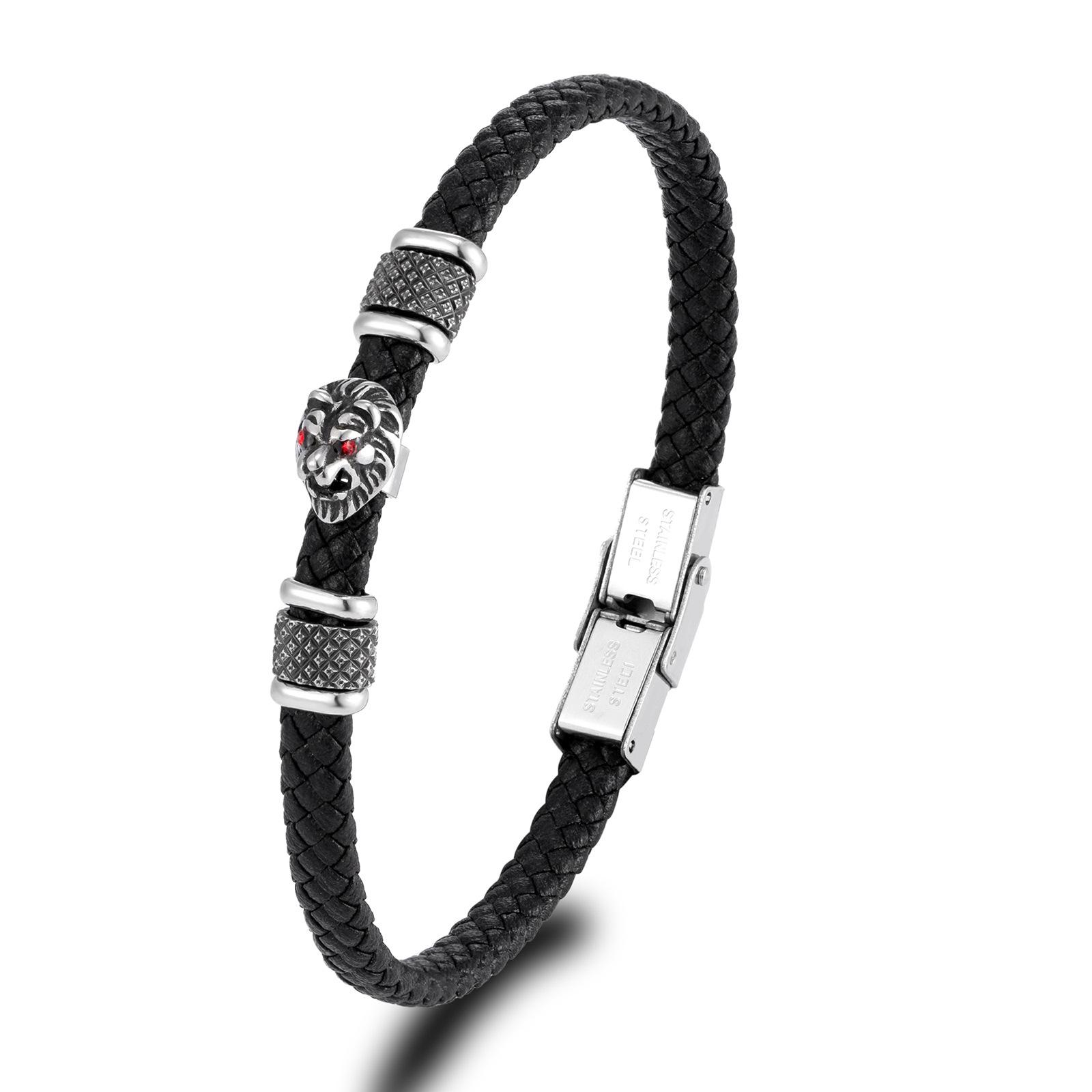 

European American Trendy Black Leather Rope Lion Head Bracelet With Patterned Stainless Steel Internet Famous Style Niche Design Accessory