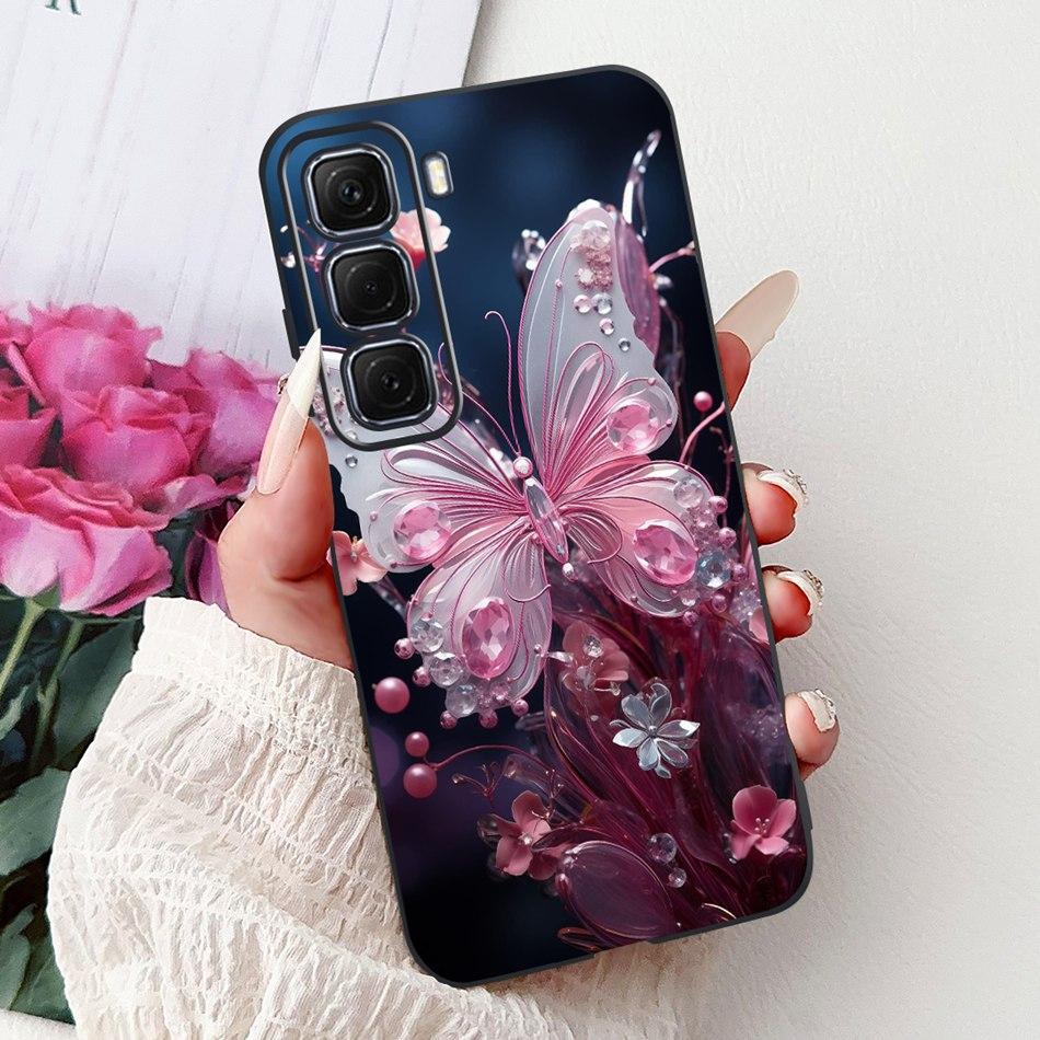 For Infinix Hot 50 4G Phone Case Hot 50 Pro+ 4G Hot50 Pro Elegant Floral Cat Pattern Black Silicone Soft TPU Cases