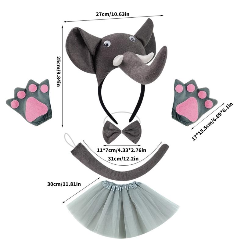 Kinder Elefantenkostüm Set Elefantenohren Stirnband Schwanz Fliege Tutu Handschuhe für Halloween Weihnachten Tier Cosplay Kostümsets