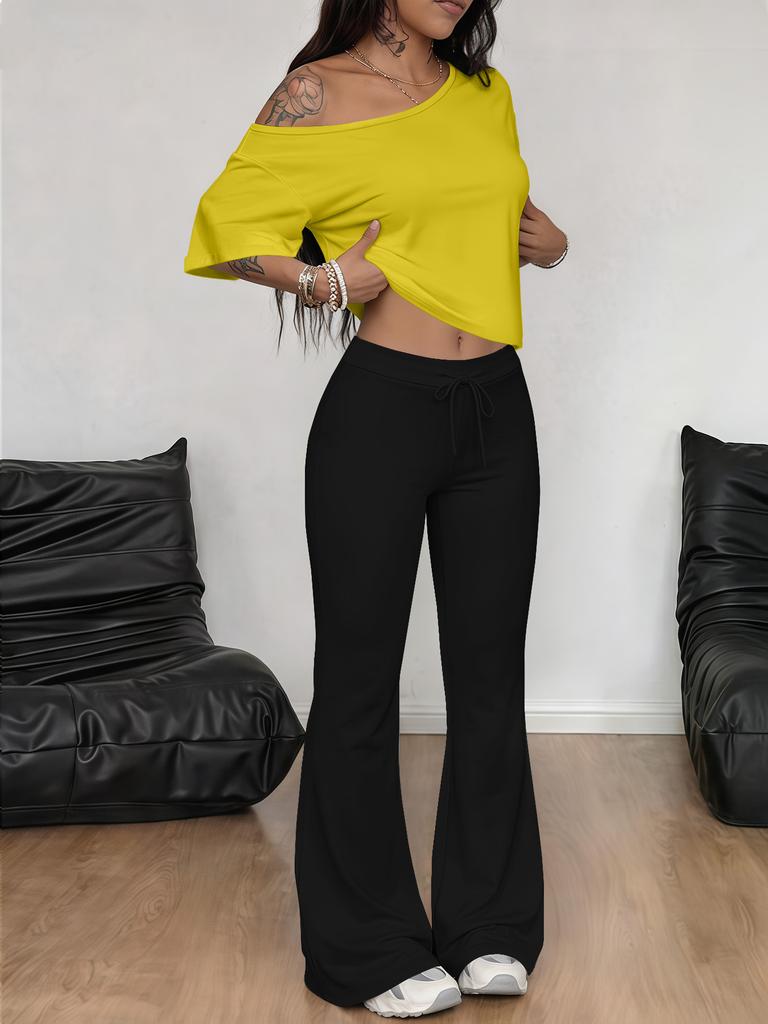 New European and American fashion suit diagonal shoulder solid color T-shirt trousers two-piece suit, diagonal shoulder short-sleeved trousers cover