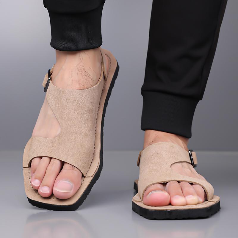 Men Black Sandals Slippers Handmade Simple Flats Summer Roman Sandals Open Toe Beach Shoes Plus Size