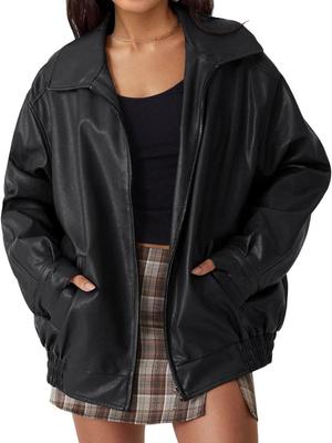 Women's Oversized Motorcycle Leather Jacket Autumn and Winter Fashionable Loose Long Sleeved Motorcycle Jacket