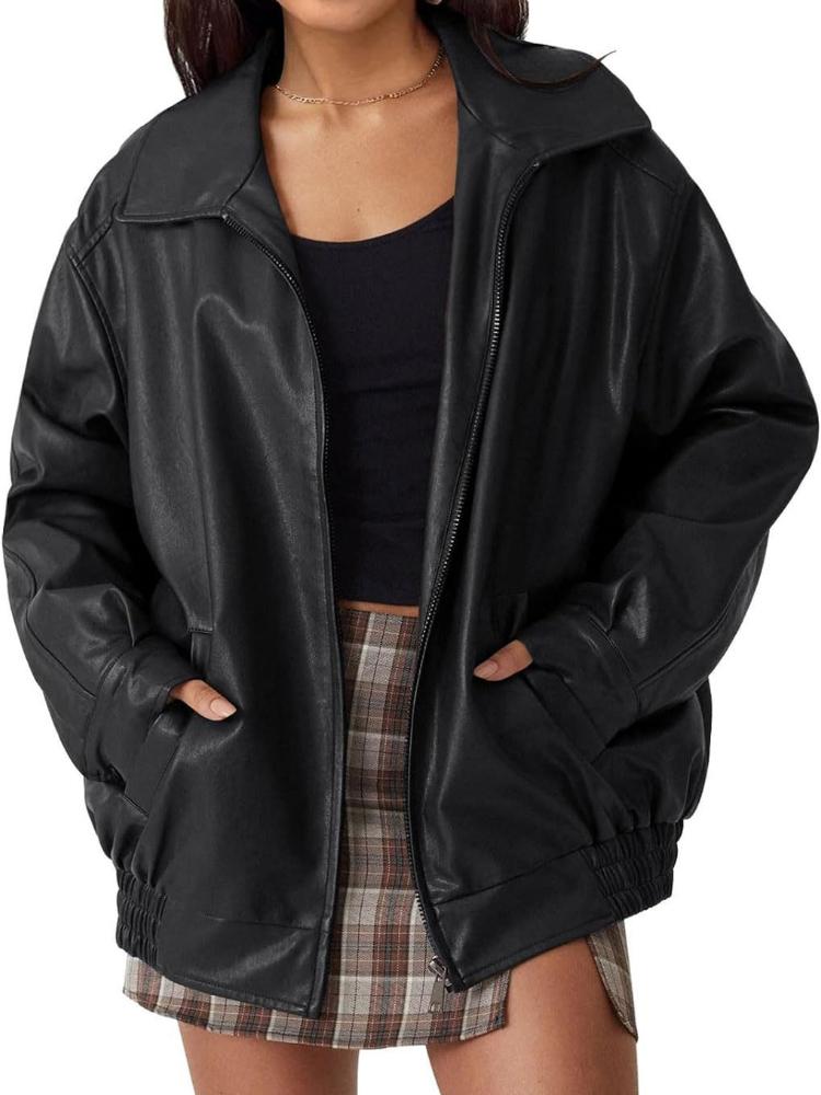 

Women s oversized motorcycle leather jacket autumn and winter fashionable loose long sleeved motorcycle jacket 2XL темно-червоний колір