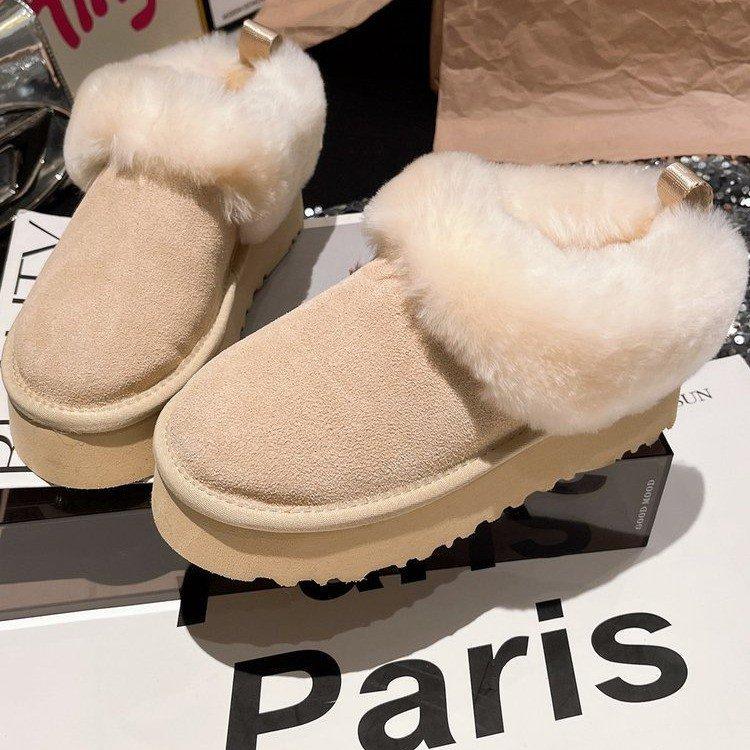 Big celebration thick-soled low-top snow boots women's sheepskin and fur integrated 2025 new one-pedal fluffy winter cotton shoes