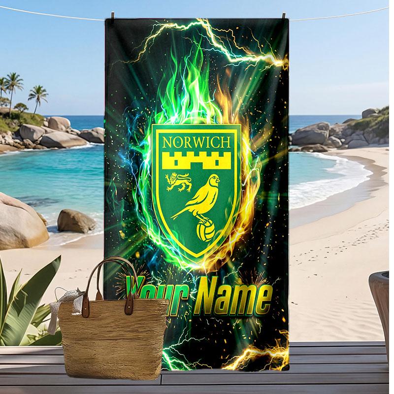 Norwich City Gepersonaliseerde Bedrukte Strandlaken Voetbal Logo Steun Aangepaste Naam Tekst Absorberende Handdoek Voor Sport Reizen Speciaal Cadeau
