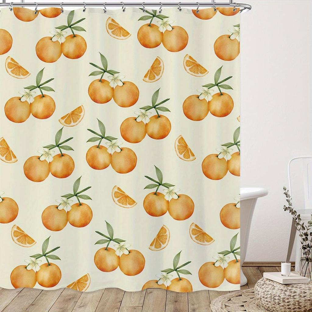 1pc Cute Orange Citrus Shower Curtain - Vibrant Fruit Design, Polyester, 70x70In, 12 Hooks, Summer & Year-Round Use