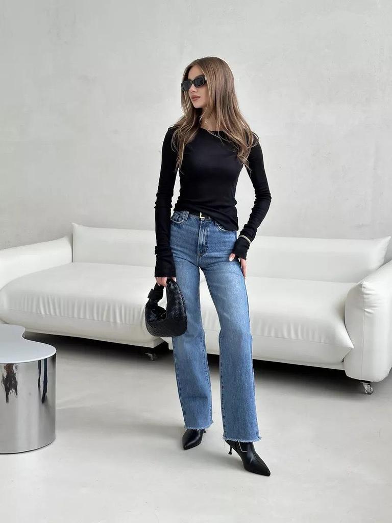 Autumn 2024 European & American Style Women's Slim Fit Solid Color Bell Sleeve Top