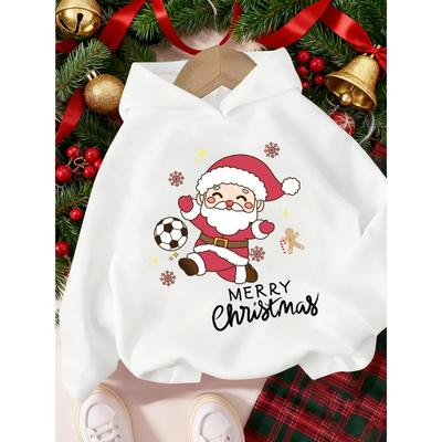 A Simple And Casual White Hooded Sweatshirt With A Cartoon Santa Claus Print Pattern For Boys In Autumn, Suitable For Daily Outi