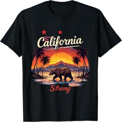 California Starker Bär Sonnenuntergang Bete für LA Kalifornien Grafik T-Shirt