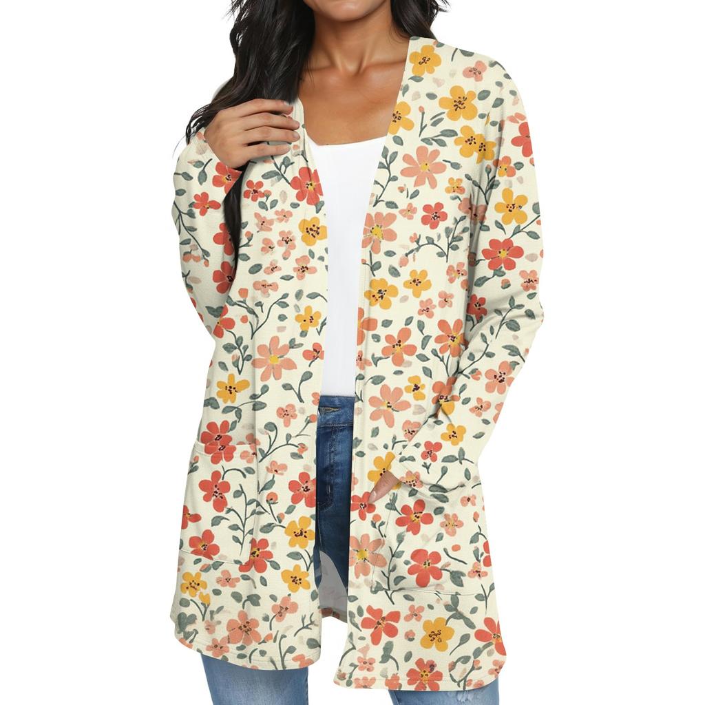 Women's Fashion Casual Retro Floral Print Mid-Length Cardigan Jacket
