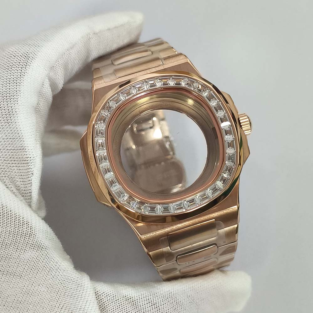 

41 мм Корпус часов Bricks Diamond Rose Gold Сапфировое стекло Стальной ремешок Аксессуары для часов для механизма NH35 NH36 4R розового золота