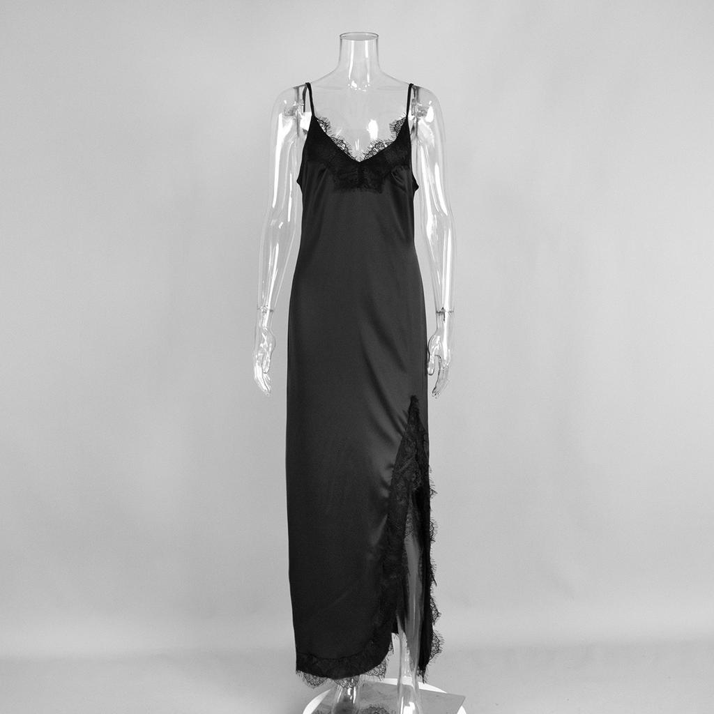 Lace lace suspender long dress European and American summer simulation silk sexy split splicing lace dress women