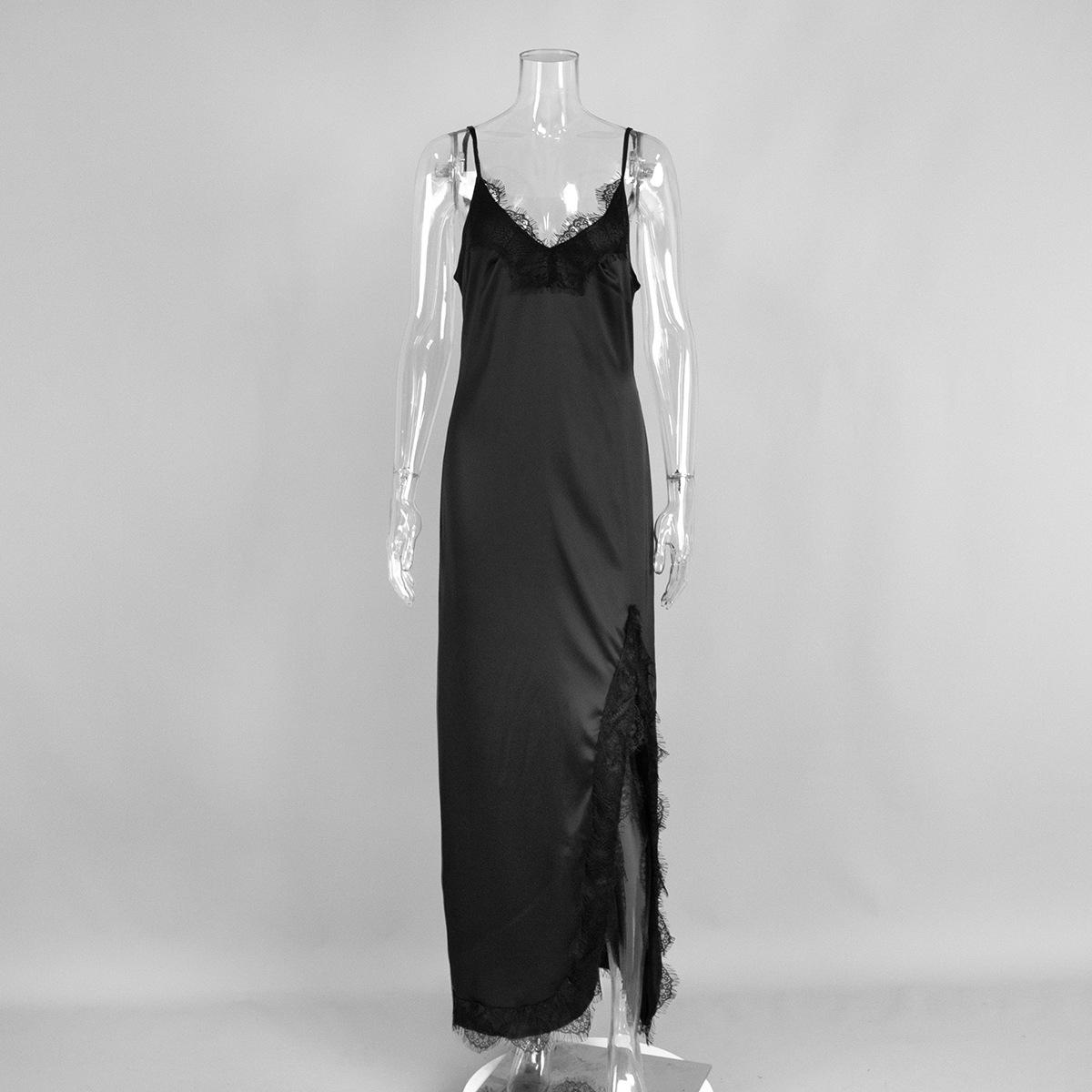 

Lace lace suspender long dress European and American summer simulation silk sexy split splicing lace dress women L чорний