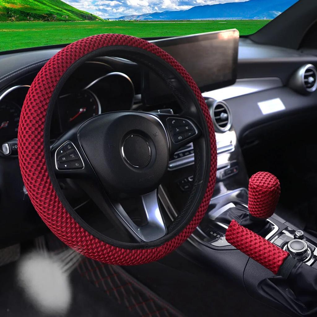 3-piece Massage Mesh Cloth Breathable Car Without Inner Ring Steering Wheel Cover Handbrake Cover Handle Cover 14.5-15INCH