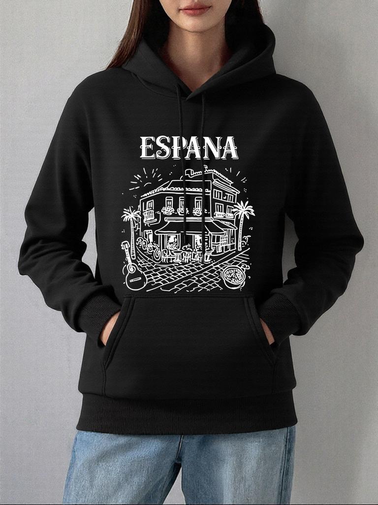 Spanien Lokale Straßenszene Drucke Kapuzenpullover Damen Lässig Locker Sweatshirt Winter Fleece Warm Pullover Basics Tasche Damenkleidung