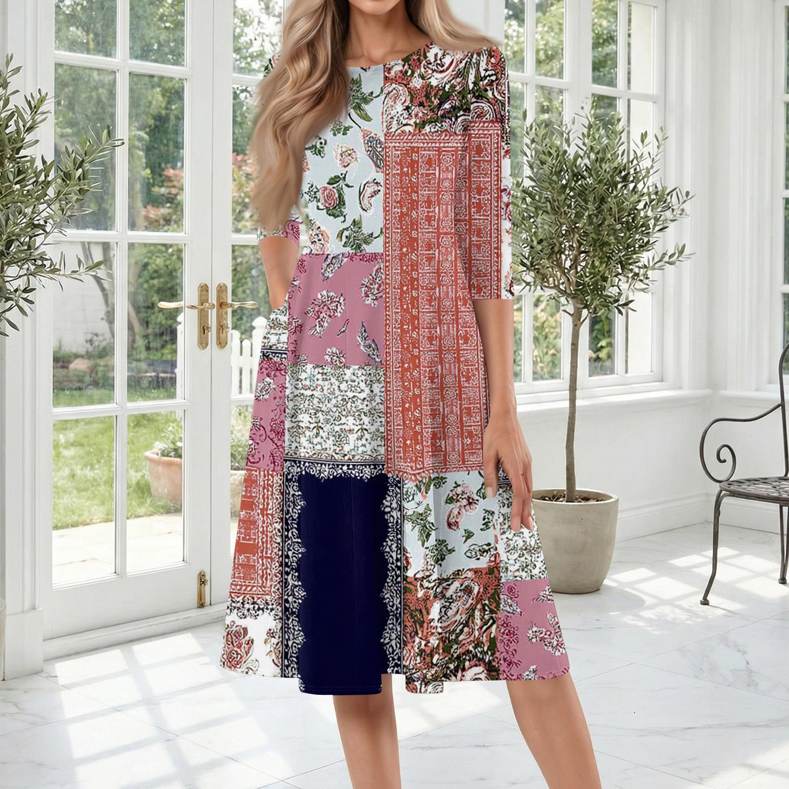 

Women’s Casual Mid-Length Dress with Floral Patchwork Print Round Neck Three Quarter Sleeve Loose Fit Comfortable Style L