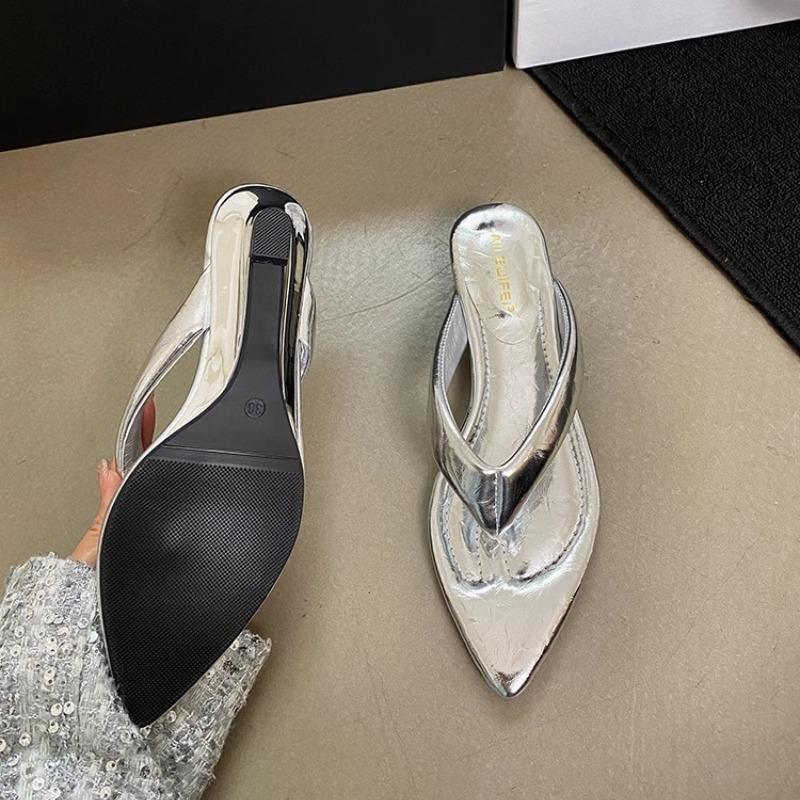 Silver Ladies Wedges Slippers Slides Female Flip Flops Pointed Toe Fashion Low Heel Footwear Slippers Sandals Shoes For Women