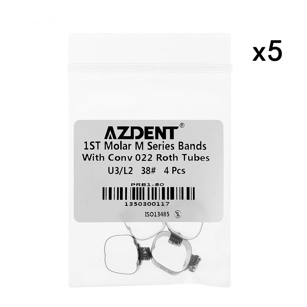 AZDENT 5Packs Dental Orthodontic Bands with Buccal Tube Triple Tubes for 1st Molar Teeth Roth.022 U3/L2 Size 35#-40#+ 4pcs/Pack