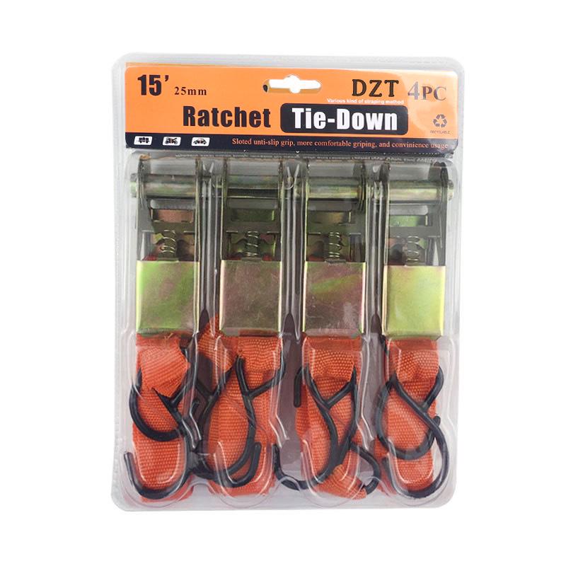 15" Tie-Down Strap with Double Hook Ratchet Tightener, 25mm Wide.