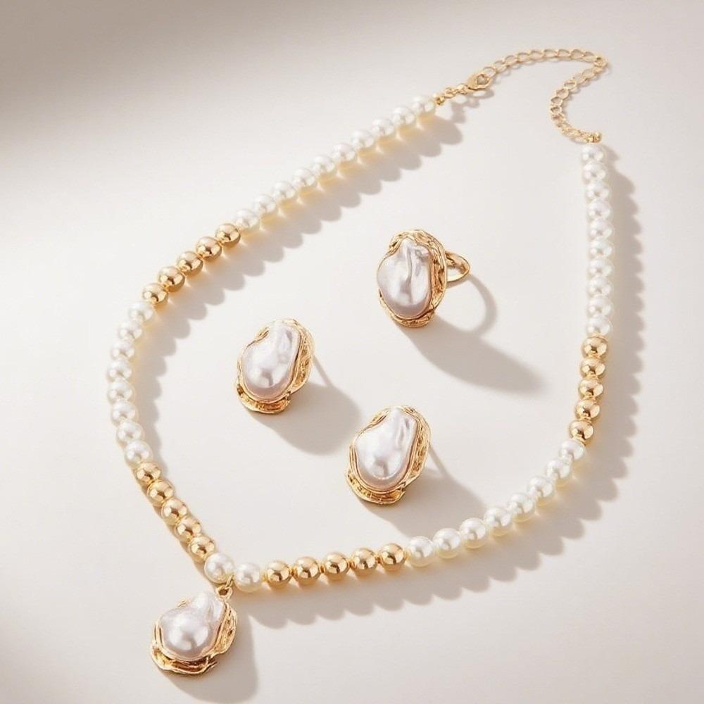Imitation Pearl Artificial Pearl Jewelry Set Elegant Style Earrings Necklace Ring Set Women Style B