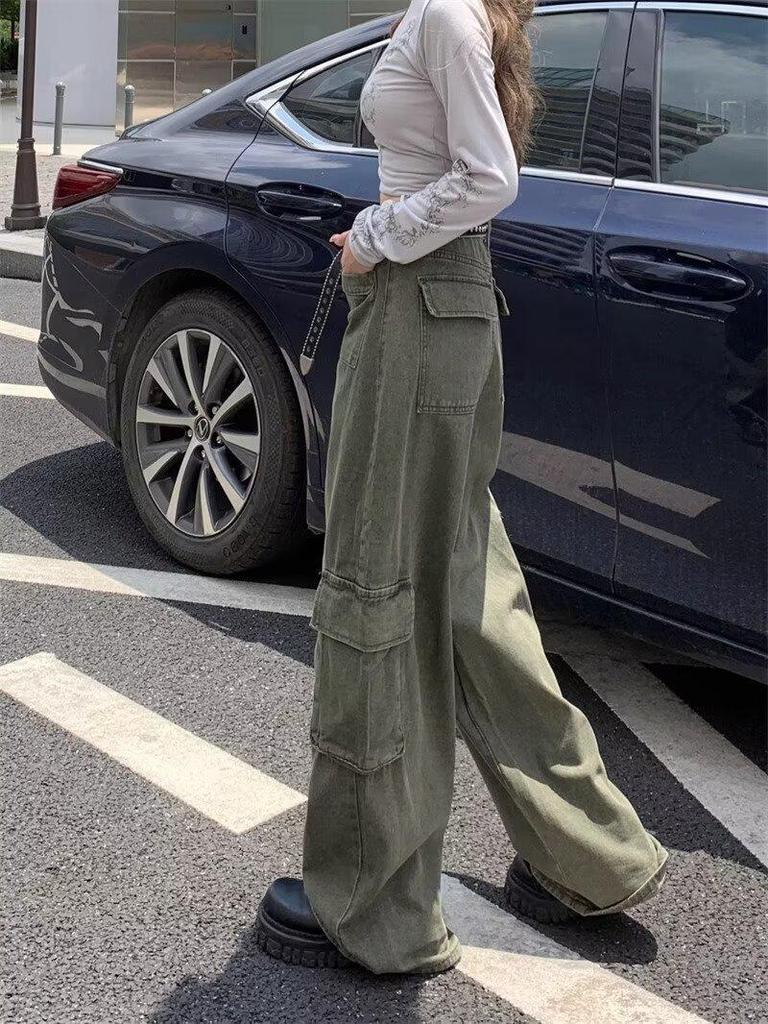 Women's High Waist Retro Military Green Wide-Leg Denim Pants, Plus Size, Autumn/Winter.