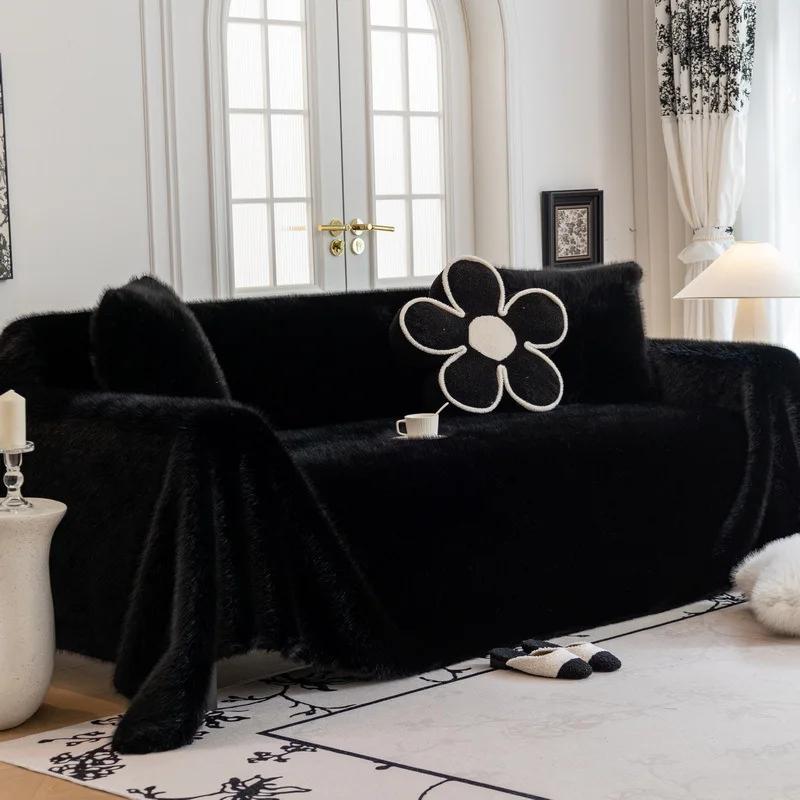 AIWINSURE-Luxury Faux Mink Fur Sofa Towel Blanket, Thick Plush Couch Slip Cover, Universal Recliner Furniture Protector, 4 Seats